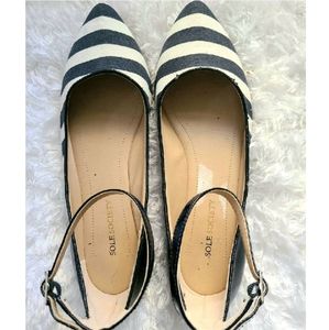 Sole Society formal striped pointed toe adjustable buckle ankle strap flats